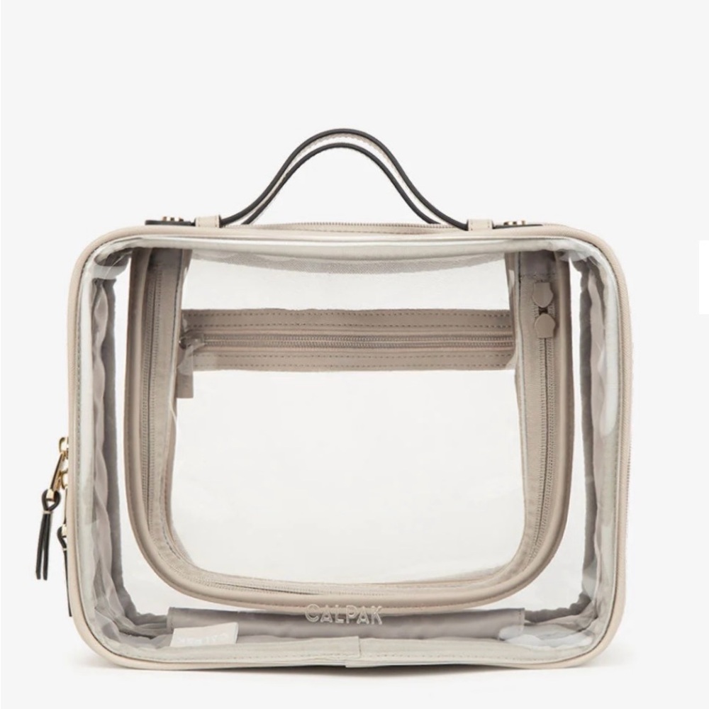 Calpak Large Clear Cosmetics Case in Stone Transparent Beige Bag